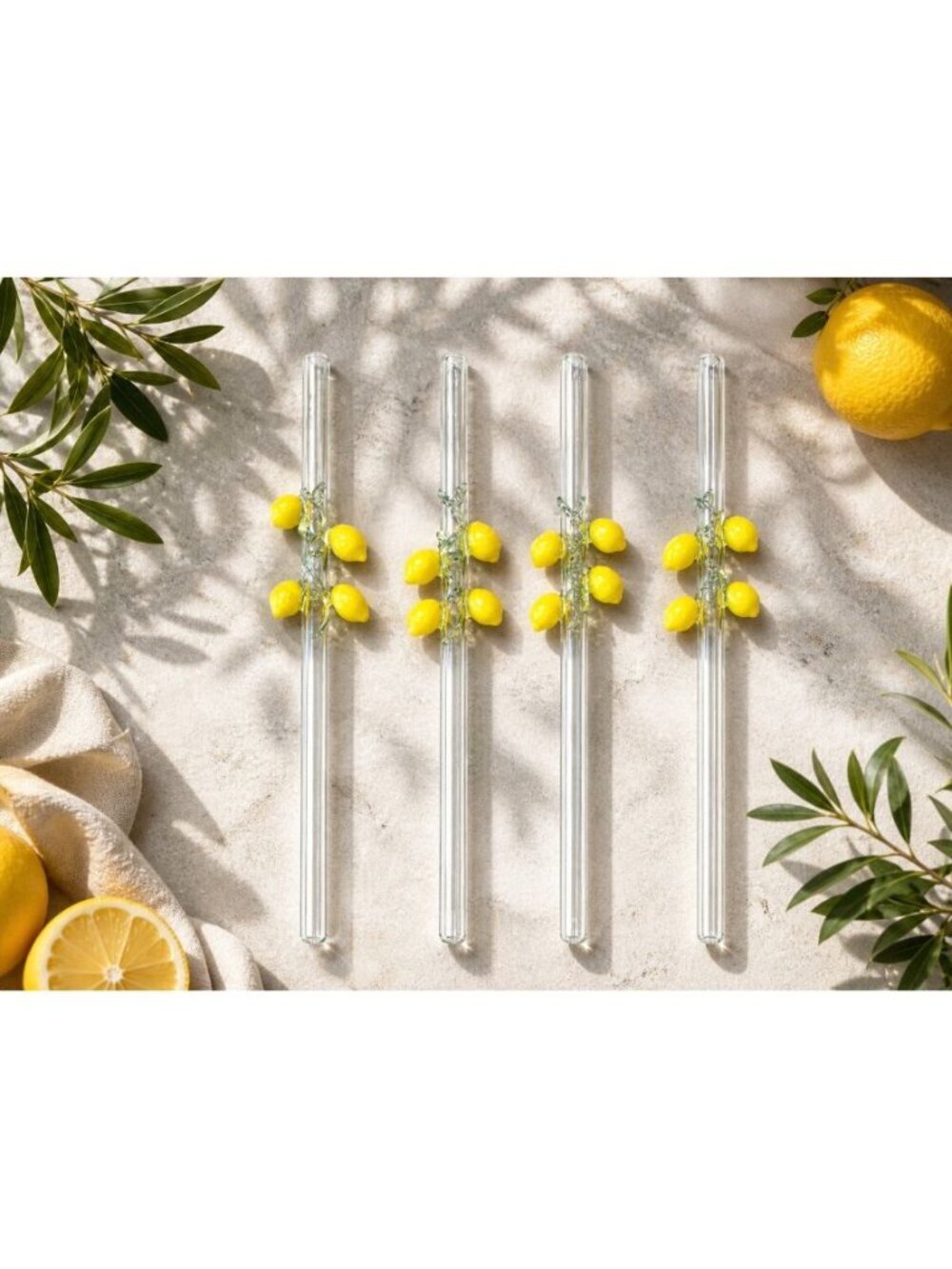 New 4 Pack Glass Summer Yellow Lemons Decorative Thick Reusable Glass Straws